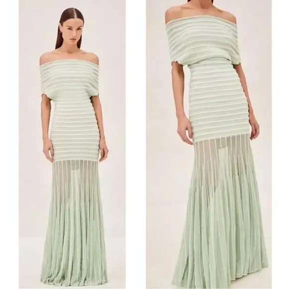 Alexis Marce Off the Shoulder Knit Mint Green Striped Maxi Dress Size Large - Picture 3 of 11